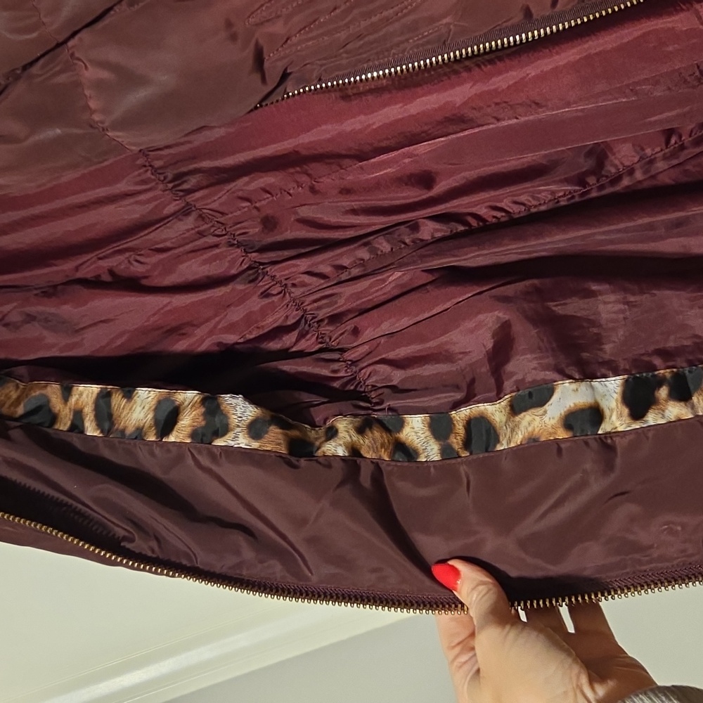 Women's Burgundy Puffer Coat with Faux Fur Hood - Picture 2 of 7